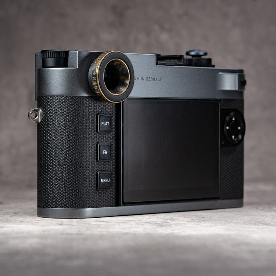 Leica M camera back fitted with the Owlkrown M-EyeKup in Black Patina