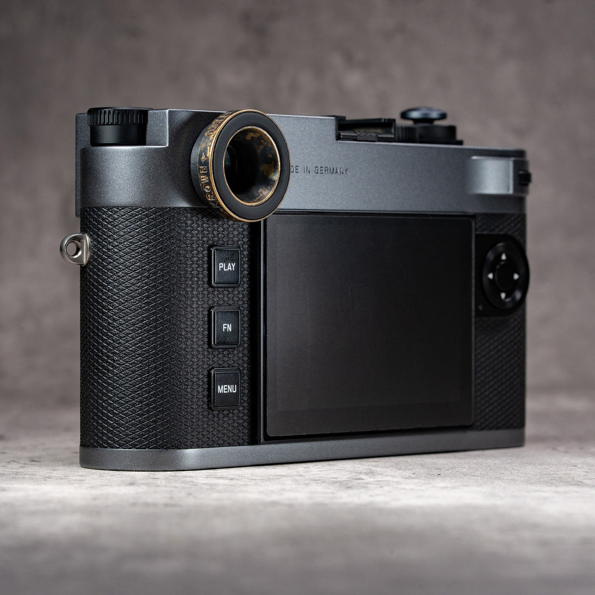Leica M camera back fitted with the Owlkrown M-EyeKup in Black Patina