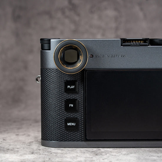 Rear view of a Leica M with the Black Patina M-EyeKup on the rangefinder eyepiece