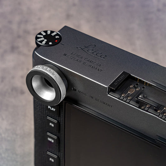 Silver Chrome M-EyeKup installed on a Leica M, angled view across the top plate