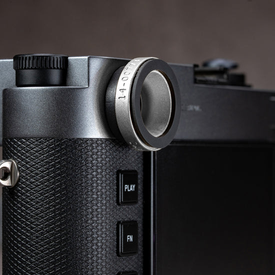 Side profile of the Silver Chrome M-EyeKup fitted to a Leica M rangefinder