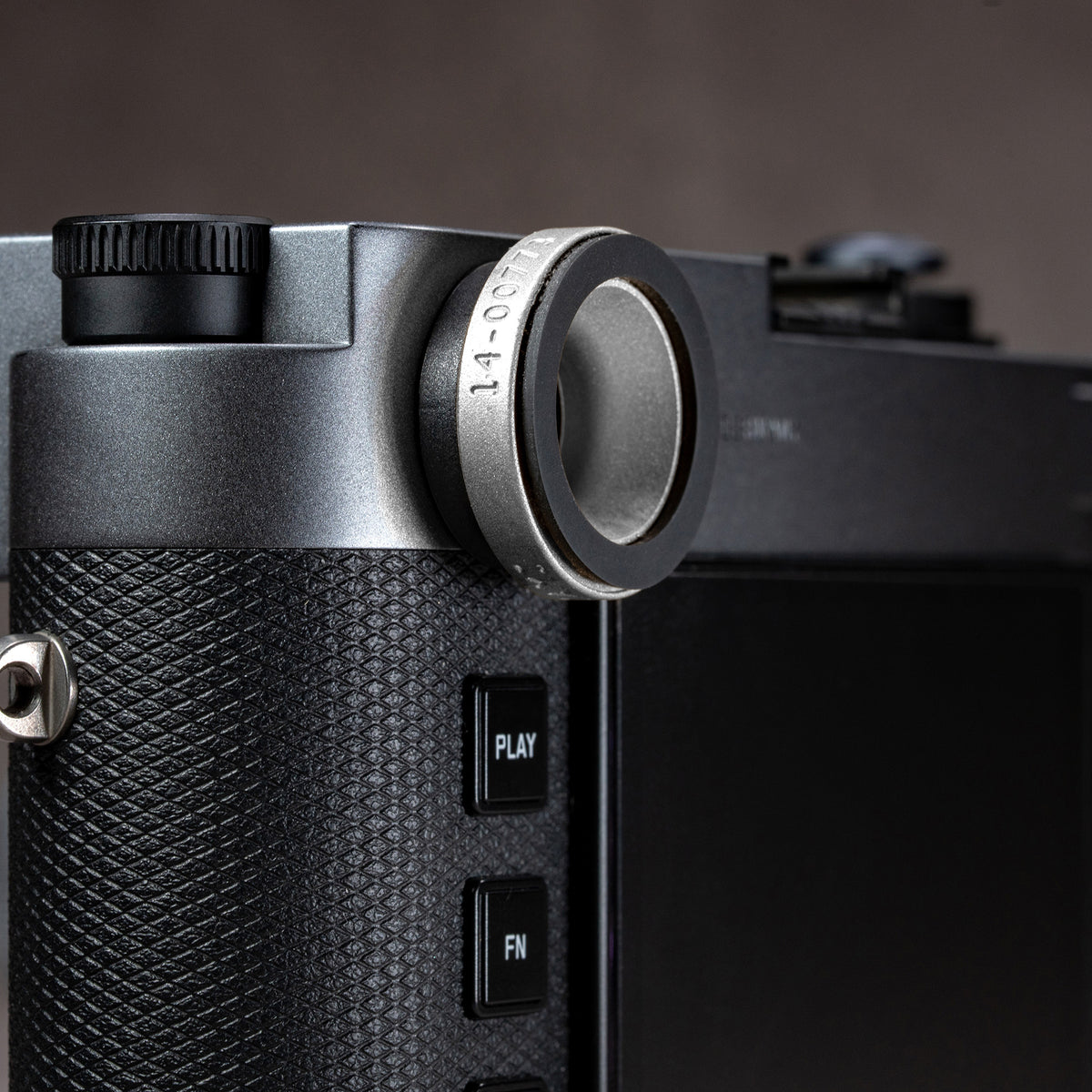 Side profile of the Silver Chrome M-EyeKup fitted to a Leica M rangefinder