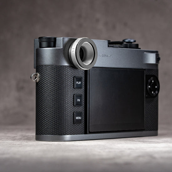 Leica M camera back fitted with the Owlkrown M-EyeKup in Silver Chrome
