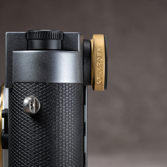 Top-down view of the M-EyeKup Solid Brass on a Leica M eyepiece