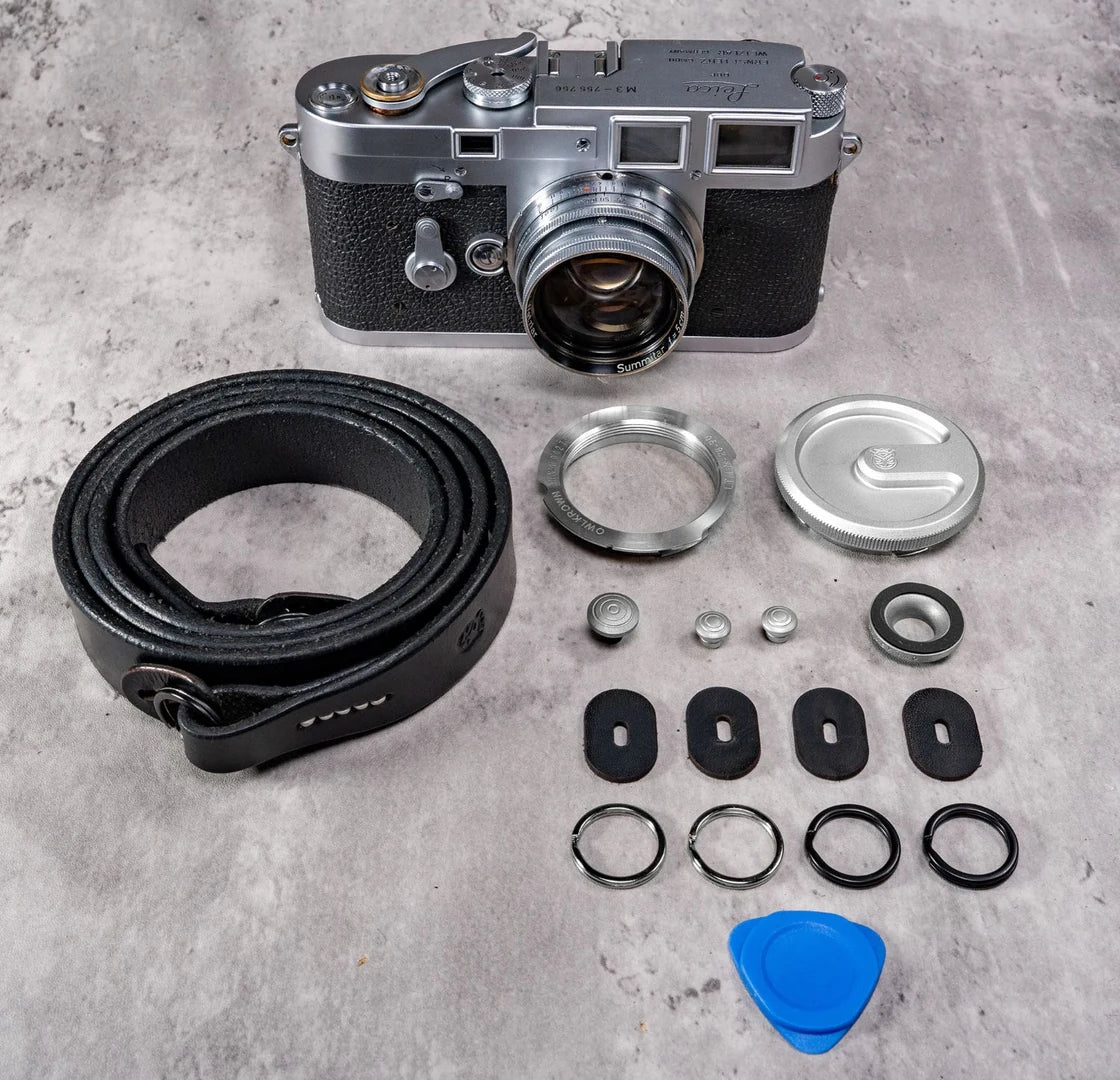 The Analog M Kit in Silver Chrome laid out beside a Leica M3