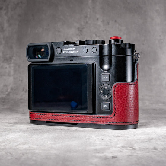 OxBlood FlexCase on a Leica Q, rear view with the screen and controls clear