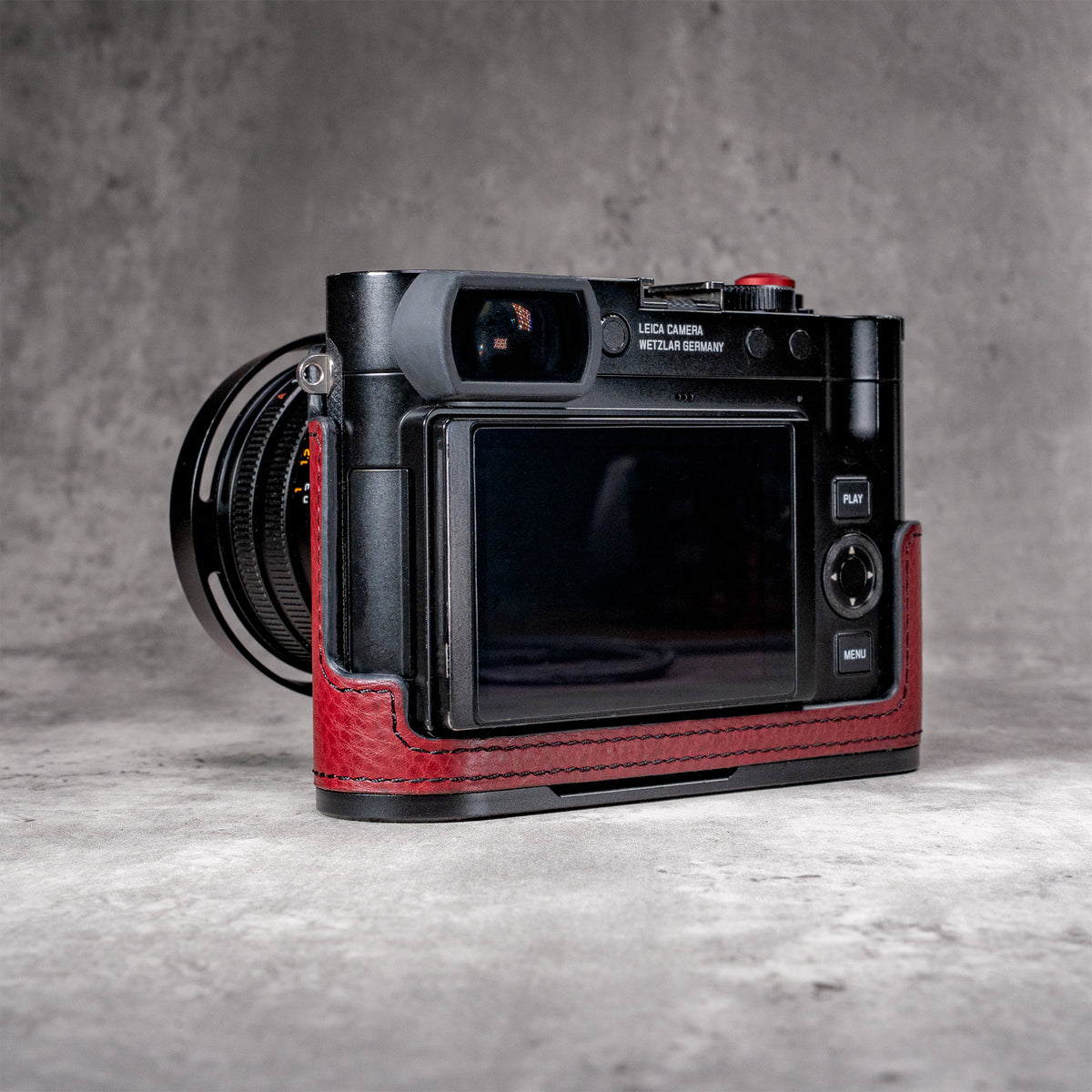 OxBlood FlexCase on a Leica Q, three quarter rear