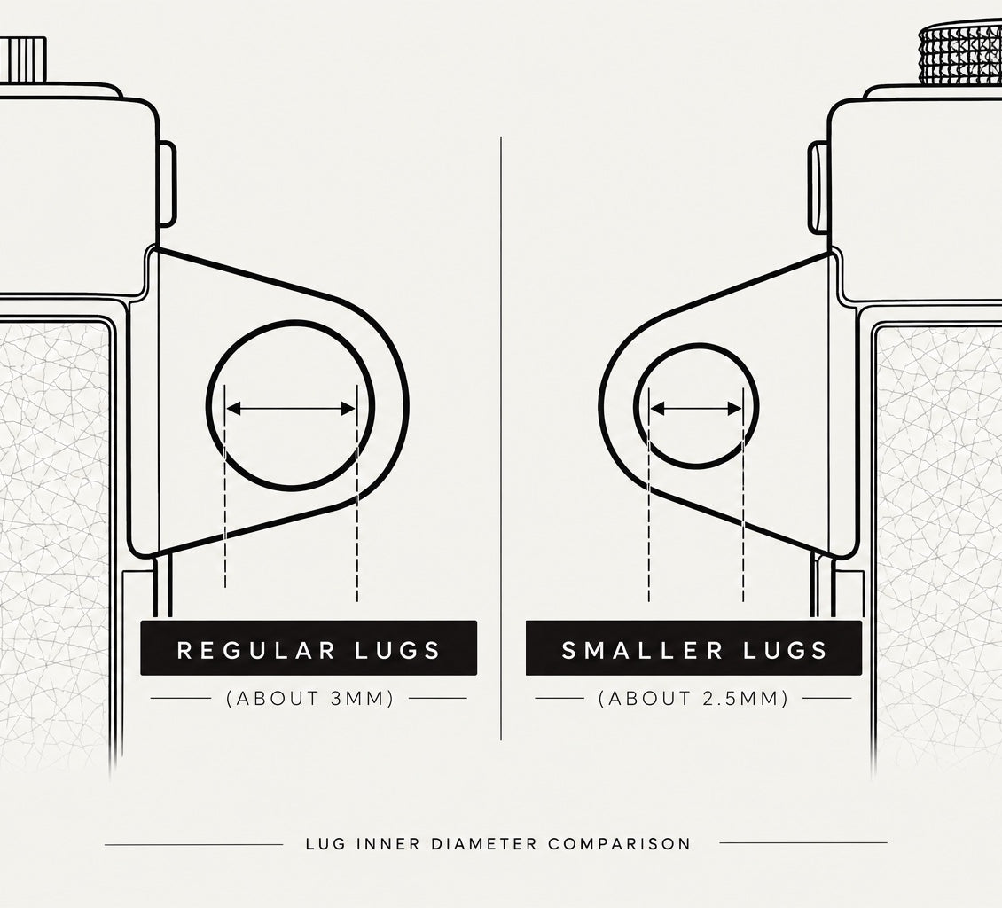 Lug inner diameter comparison: regular lugs about 3 mm versus smaller lugs about 2.5 mm